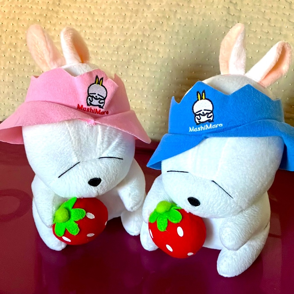MashiMaro plush dolls with Strawberry. 1 pair. Pink and blue. 10” tall.
